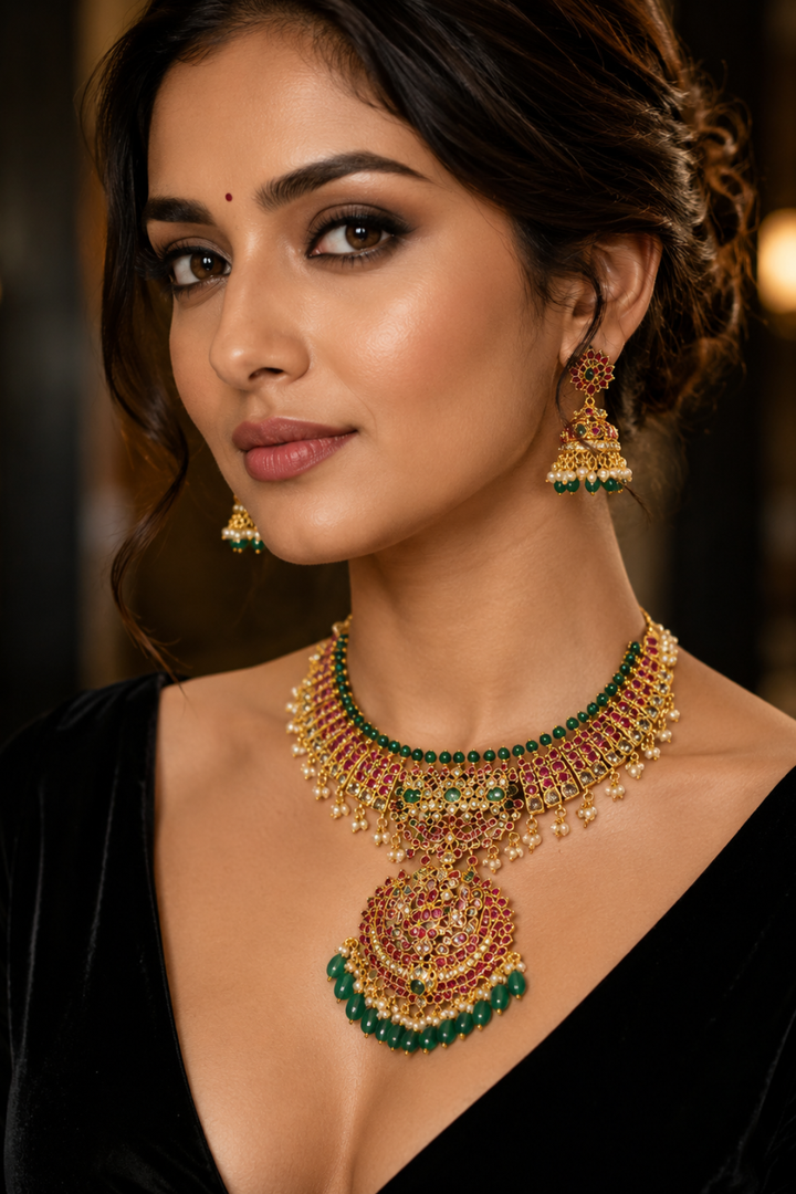 Radha Rani Ruby Green Temple Bridal Necklace