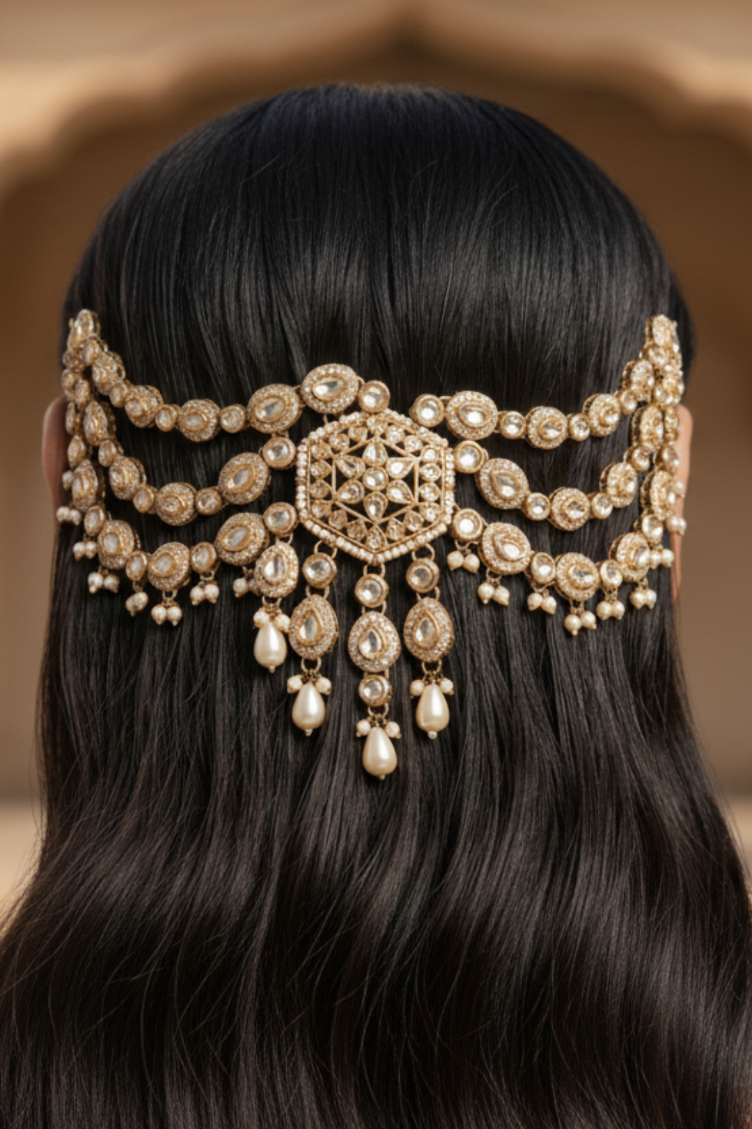 Madhuri Kundan Pearl Layered Haldi HairChain