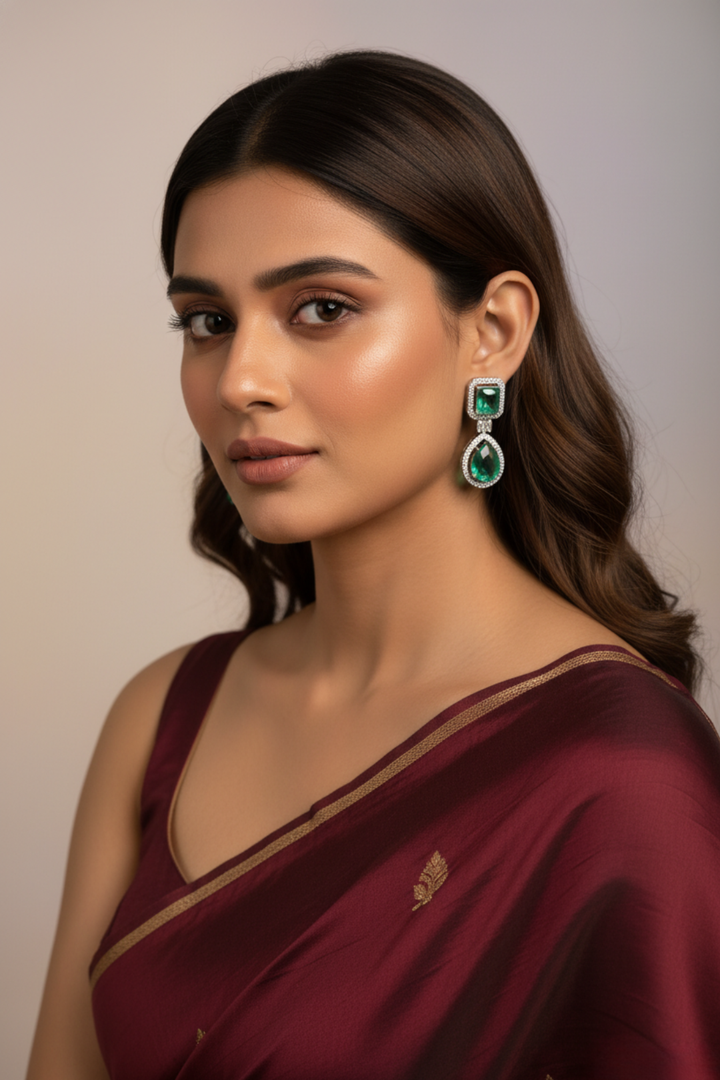 Emerald Dewdrop Square Gemstone Studs Earrings