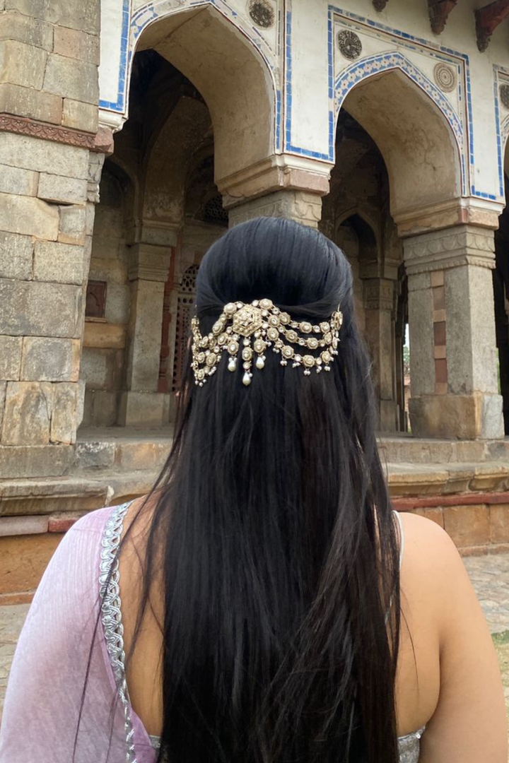 Madhuri Kundan Pearl Layered Haldi HairChain