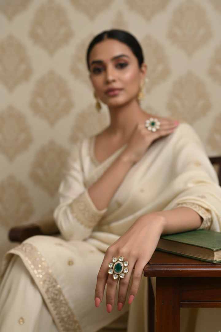 Adi Laxmi Flower Polki Oval Ring