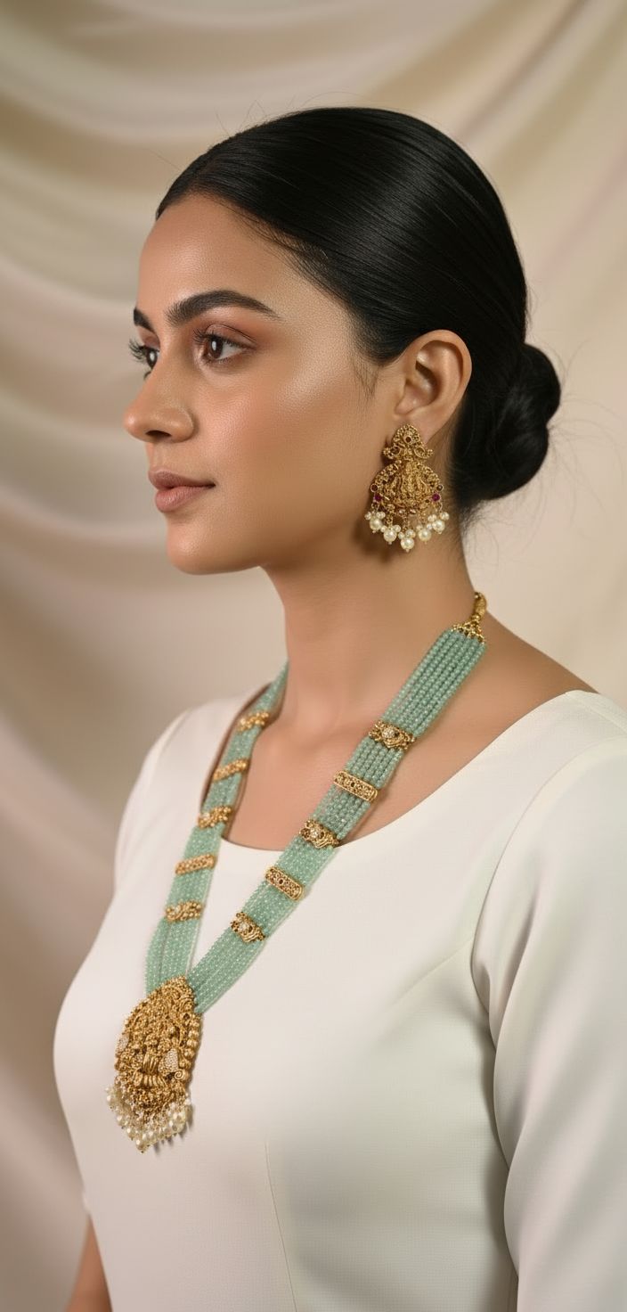 Lakshmi Golden Mint Temple Long Necklace