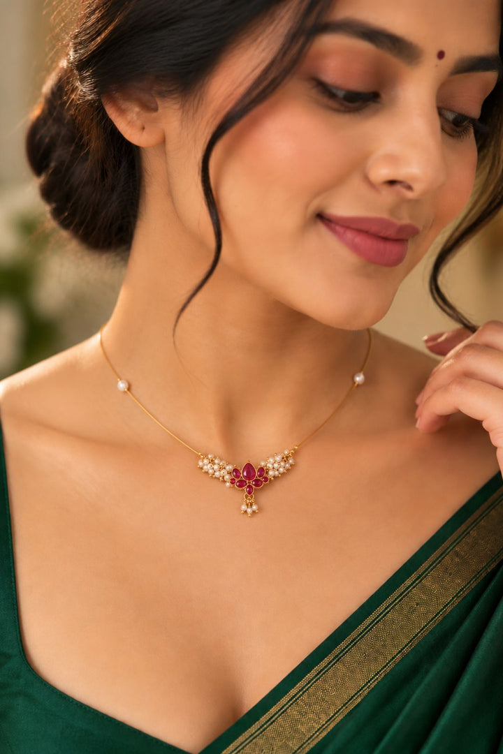 Kamlika Lotus Pearl Kundan Minimalist Necklace