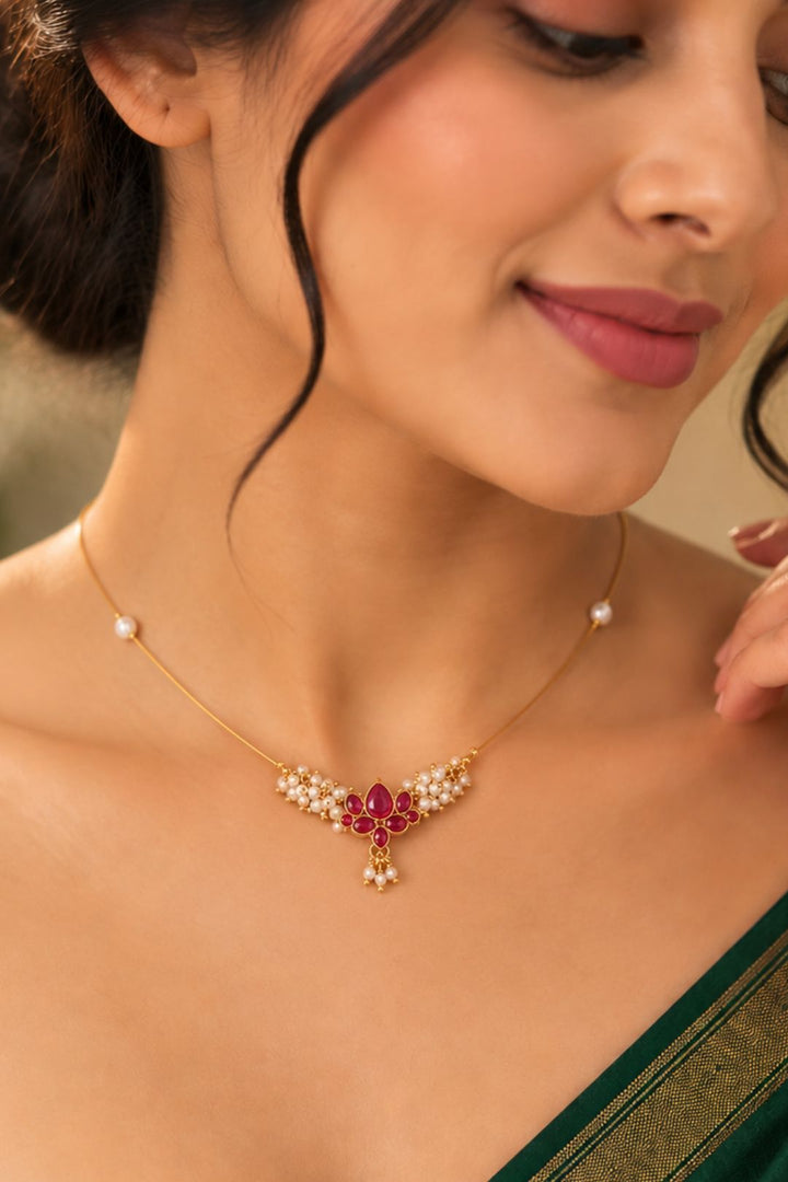 Kamlika Lotus Pearl Kundan Minimalist Necklace