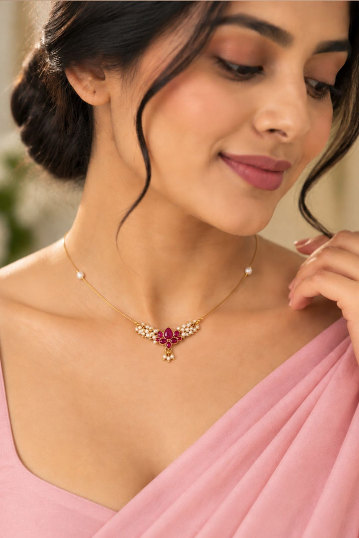 Kamlika Lotus Pearl Kundan Minimalist Necklace