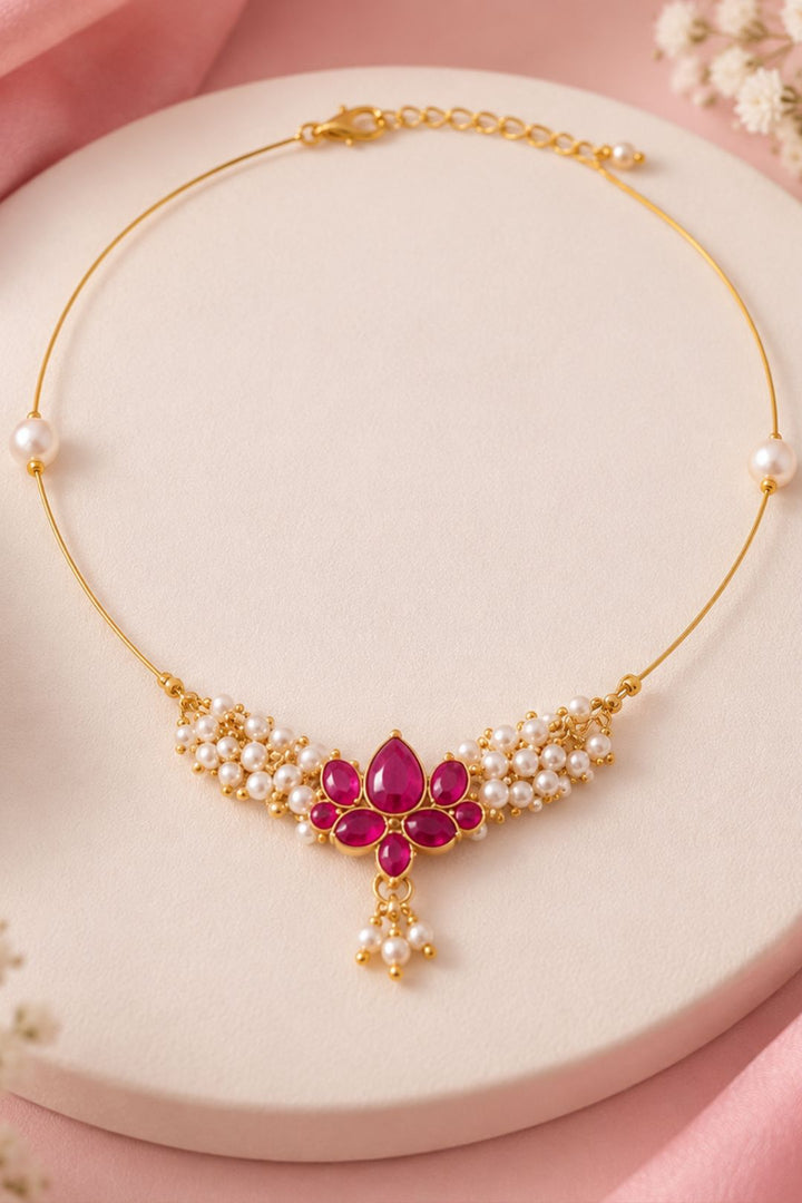 Kamlika Lotus Pearl Kundan Minimalist Necklace