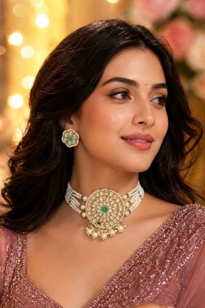 Rajpadma Pearl Kundan Emerald Choker Necklace