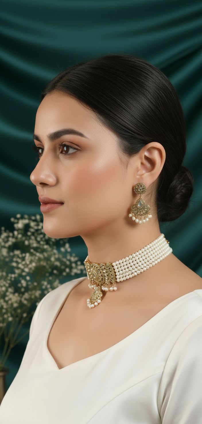 Sajida Jadau Golden Pearl Choker Necklace