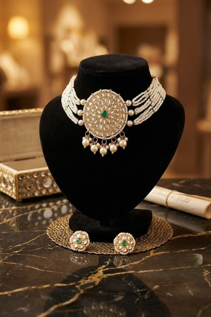 Rajpadma Pearl Kundan Emerald Choker Necklace
