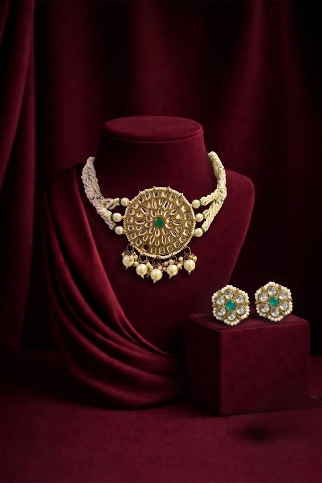 Rajpadma Pearl Kundan Emerald Choker Necklace