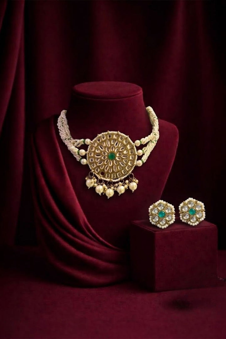 Rajpadma Pearl Kundan Emerald Choker Necklace