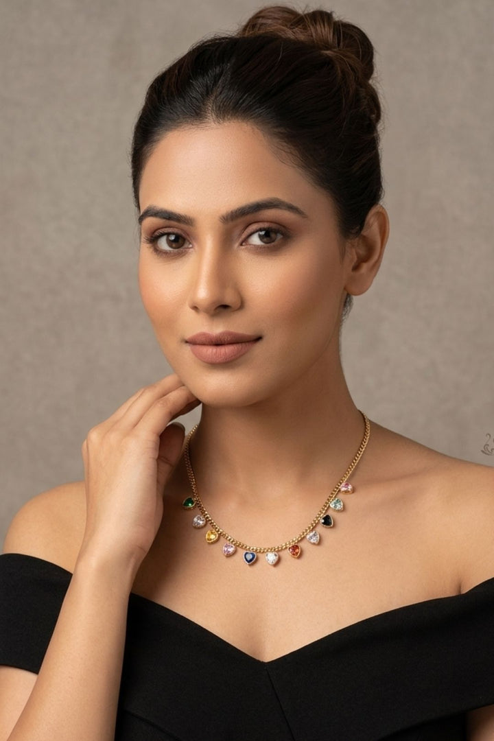 Multicolored Heart Charms Golden Chain Necklace