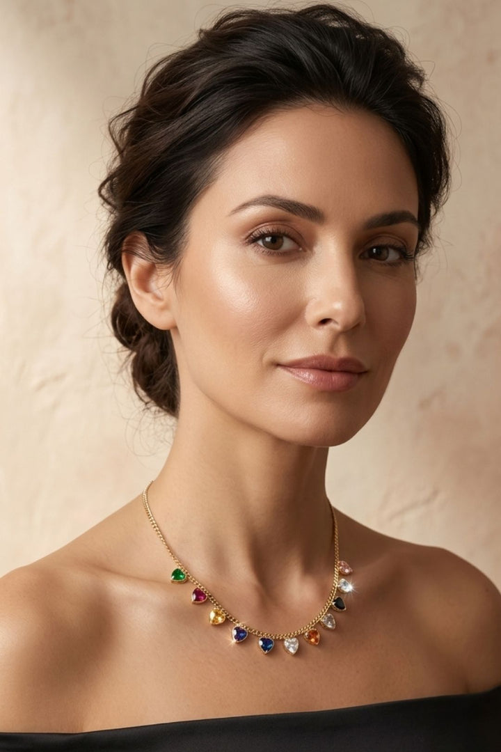 Multicolored Heart Charms Golden Chain Necklace