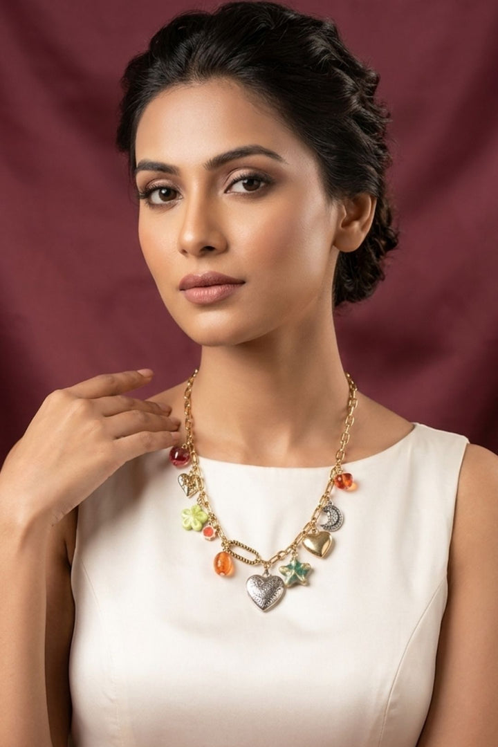 Wanderlust  Heart Charms Golden Link Chain Necklace