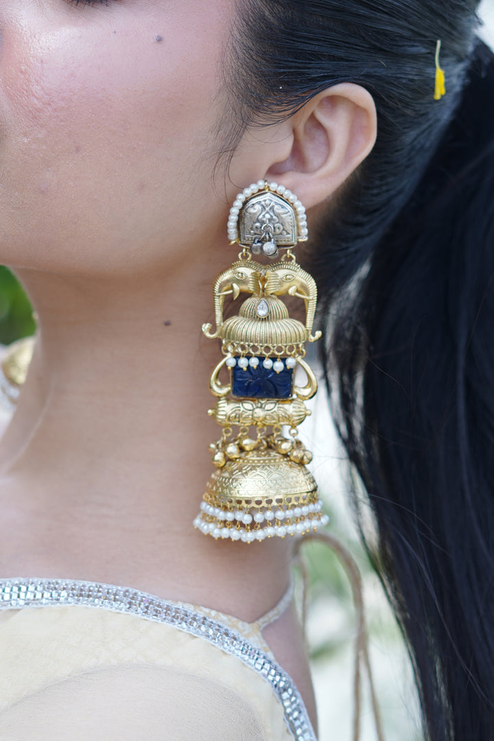 Eravat Elephant Motifs Golden Jhumka Earrings