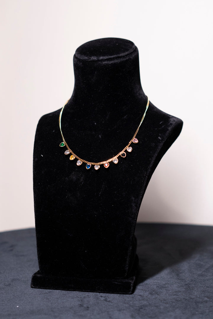 Multicolored Heart Charms Golden Chain Necklace