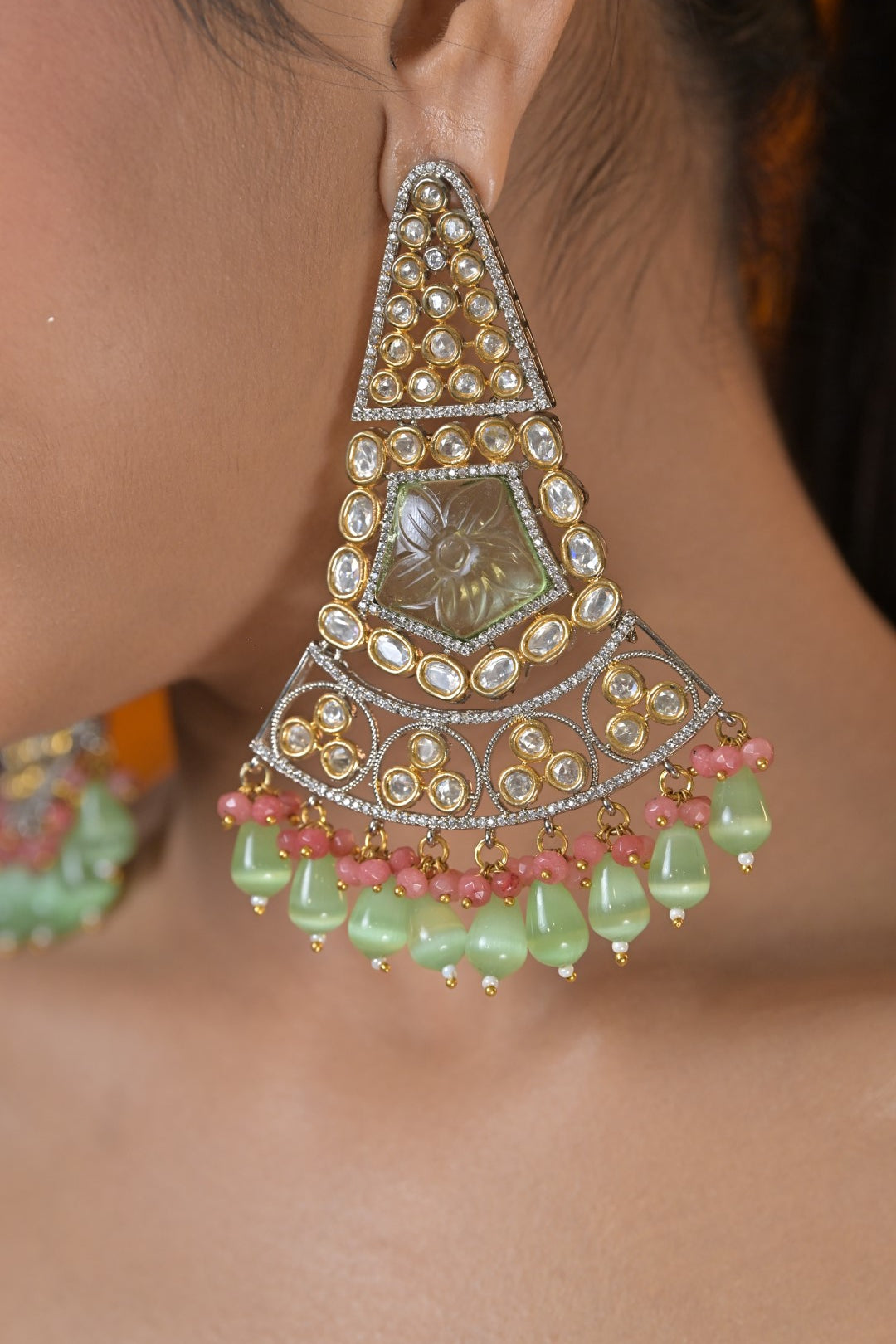 Padmashree Kundan Mint Gold Dangler Earrings