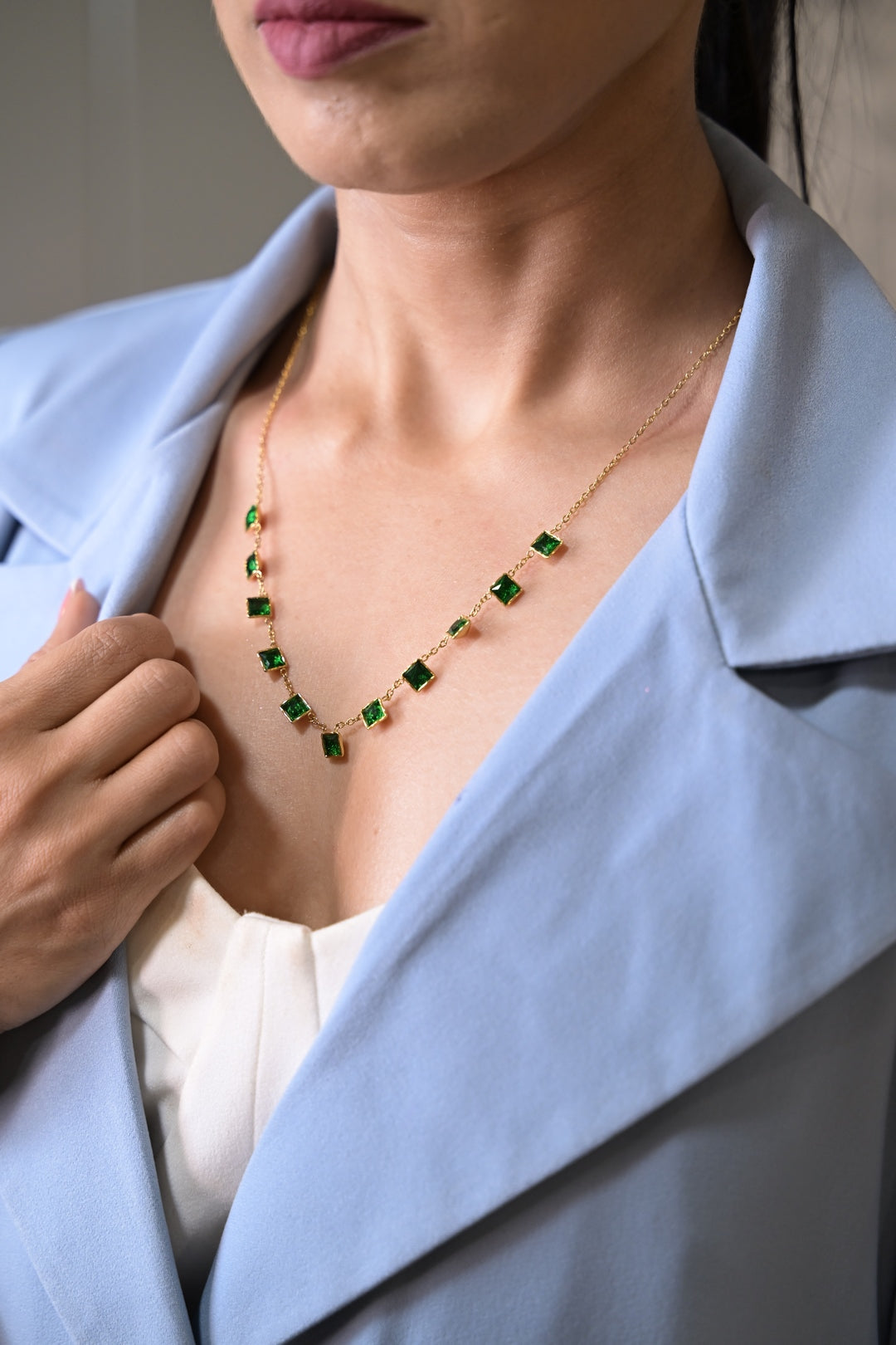 Emerald Squares Charm Golden Chain Necklace