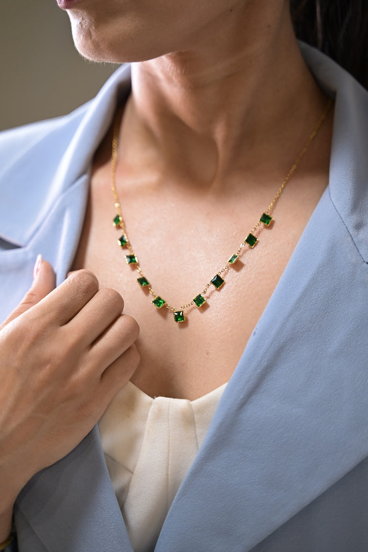 Emerald Squares Charm Golden Chain Necklace