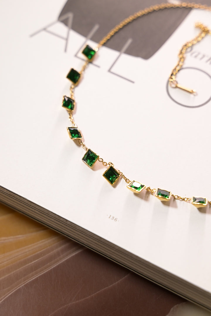 Emerald Squares Charm Golden Chain Necklace