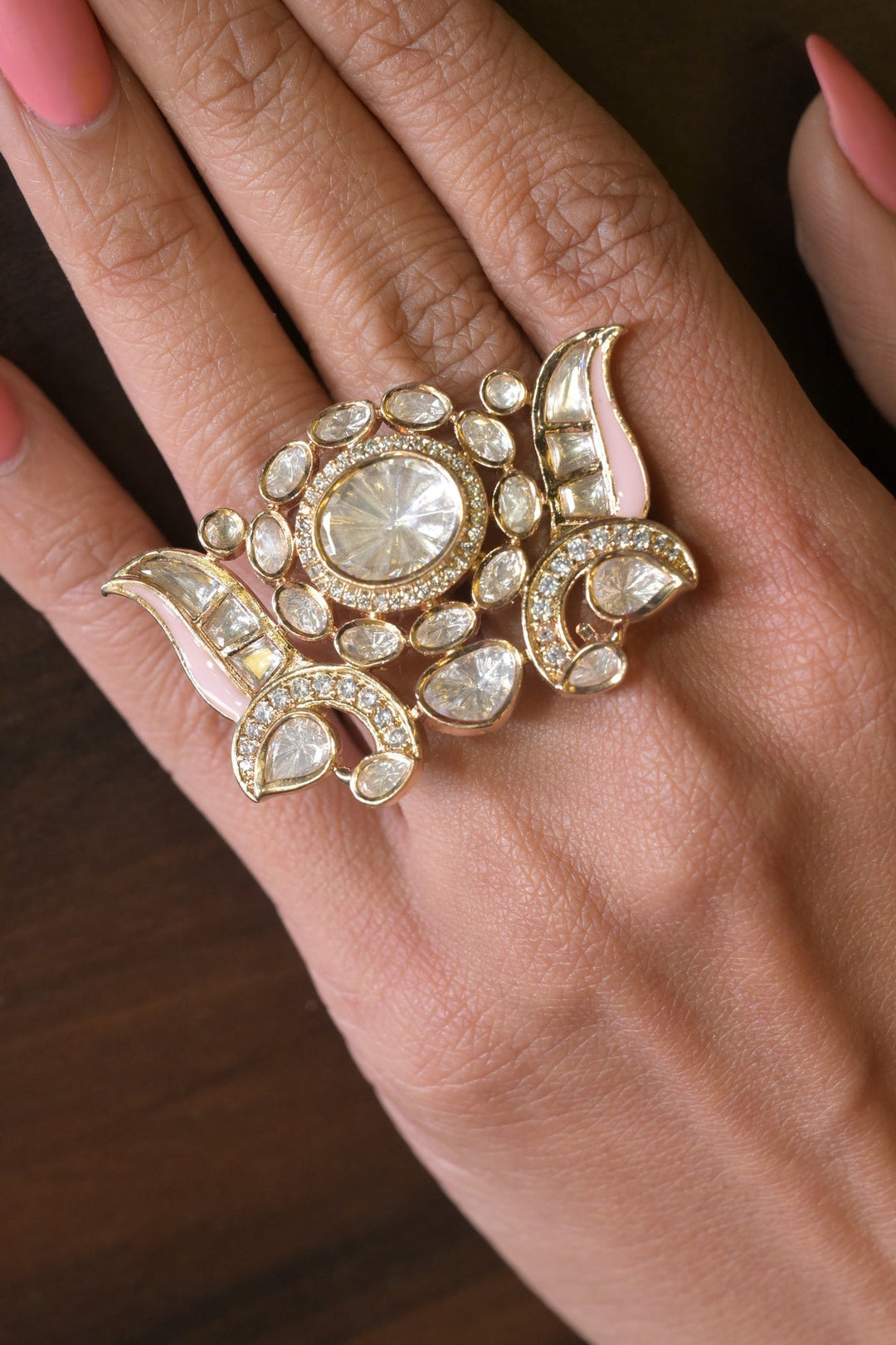 Queen Crown Polki Double-Finger Ring