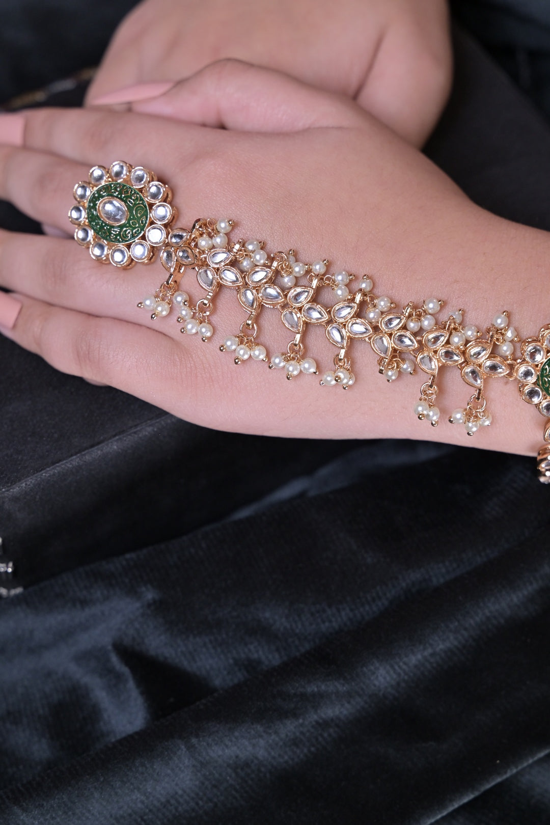 Basanti Emberald Kundan Pearl Bridal Hathpools