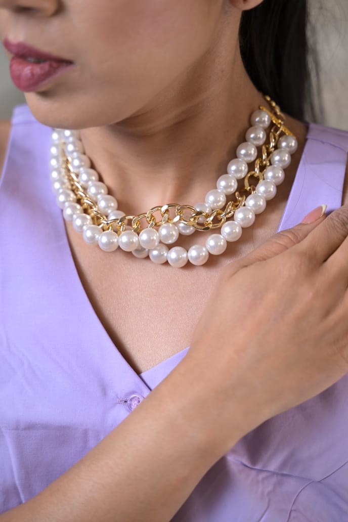 Arabian Pearl Golden Link Chain Choker Necklace